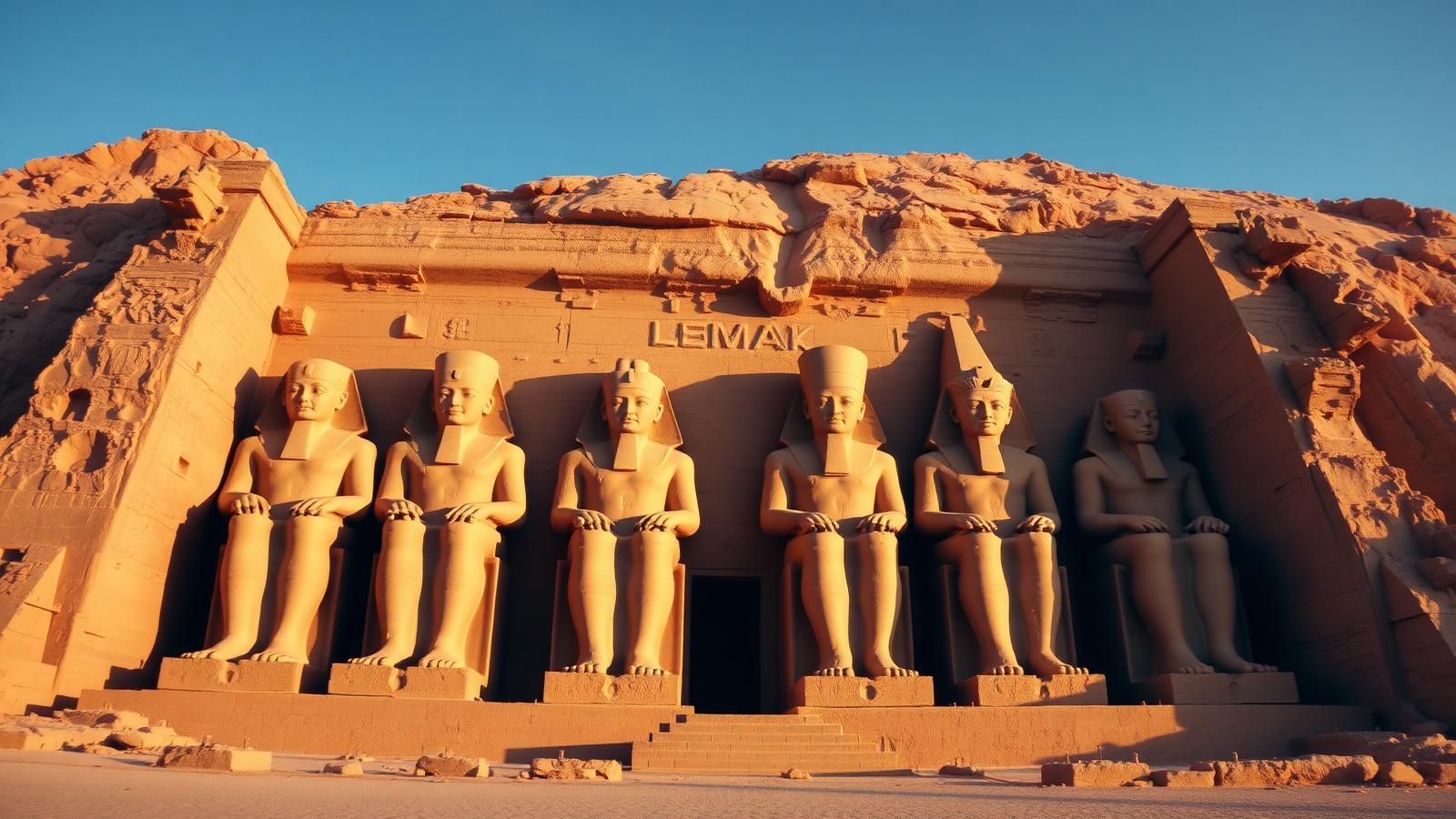 The colossal seated statues of Ramses II at the facade of Abu Simbel temple in southern Egypt