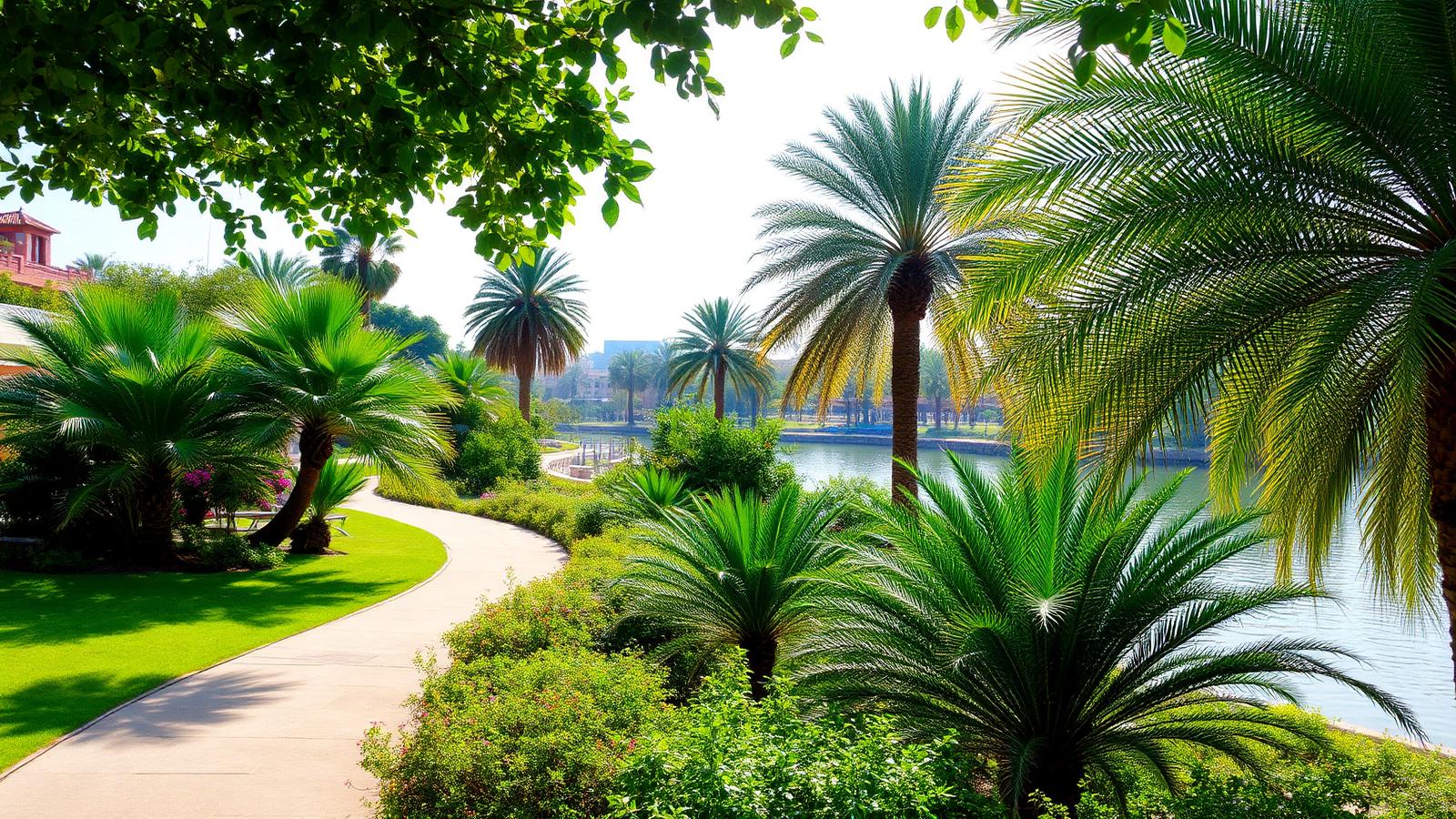 Lush palms and tropical greenery along a winding path in Aswan's Botanical Garden on Kitchener's Island
