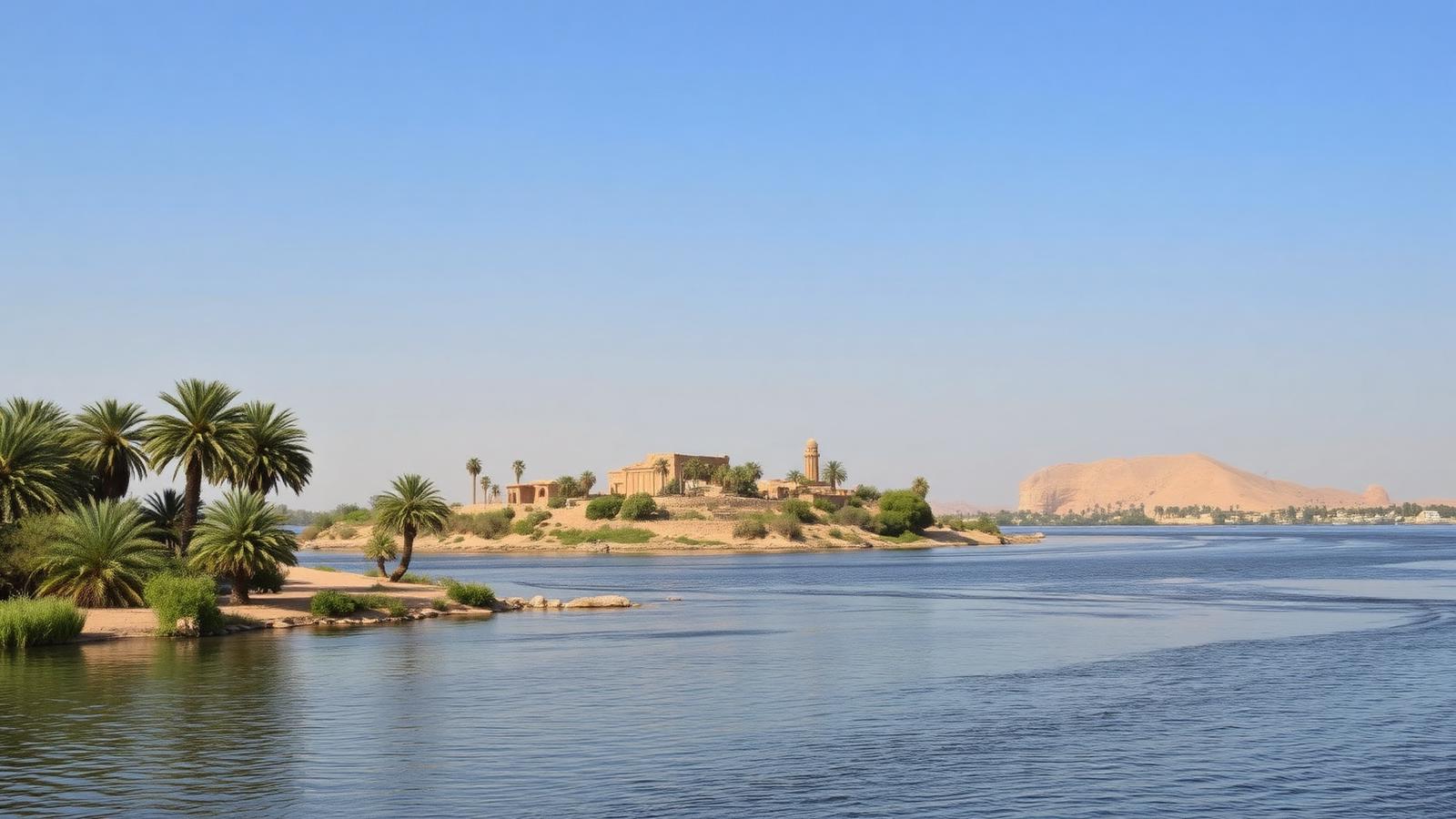 Elephantine Island in Aswan Egypt seen from the Nile with palms and ancient ruins