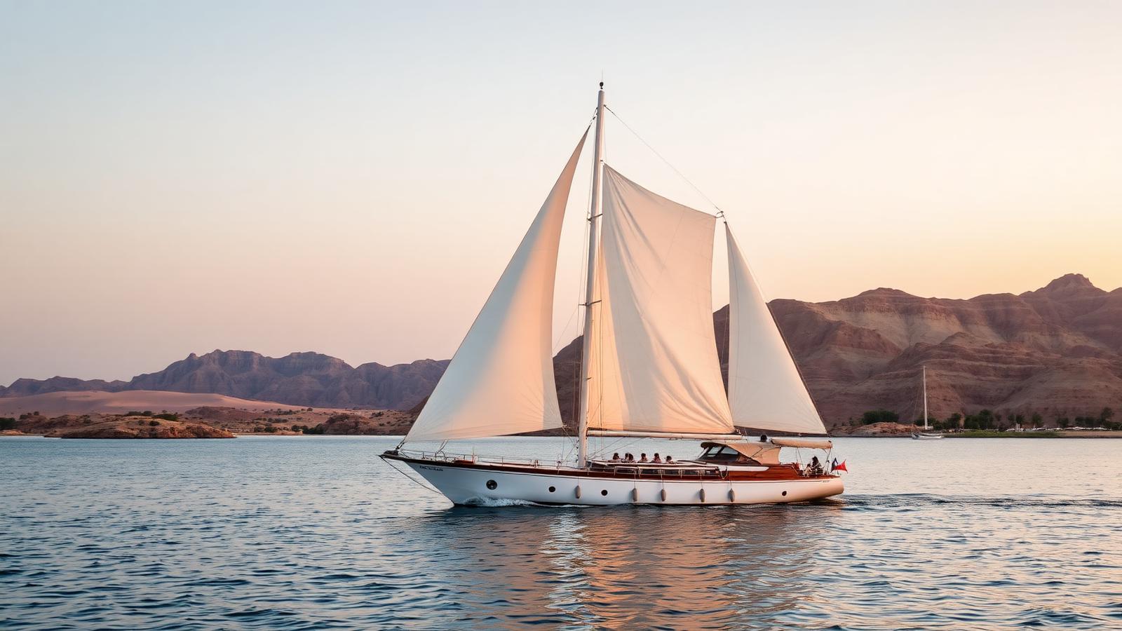 Luxury sailboat with white sails gliding across the calm Nile in Aswan at golden hour