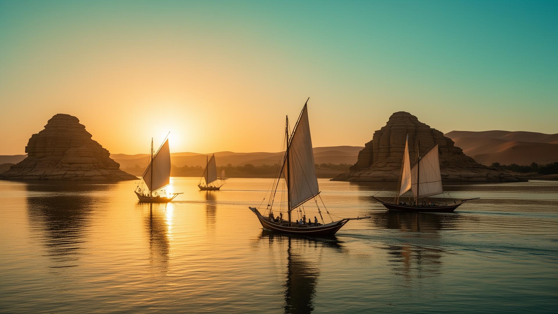 Golden sunset over the Nile in Aswan with traditional felucca sailboats and granite islands in the desert