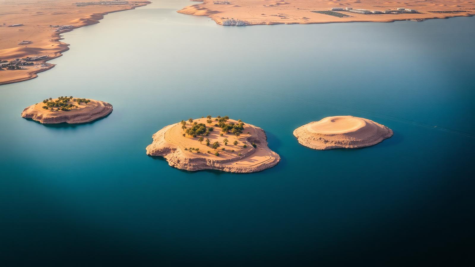 Aerial panoramic view of the Nile river in Aswan Egypt with granite islands and golden desert