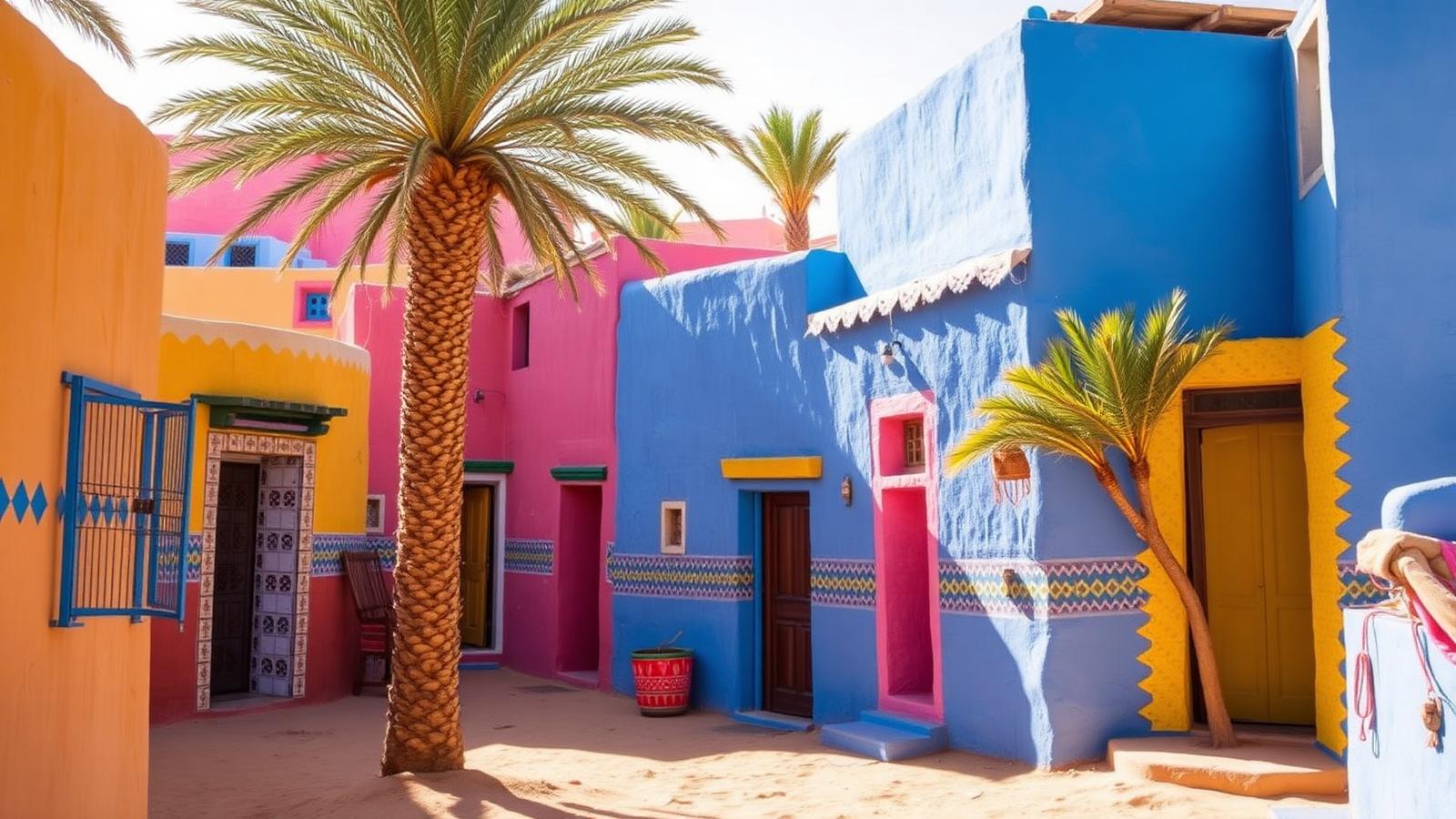 Brightly painted blue, pink and yellow Nubian houses with palm trees in a village near Aswan Egypt