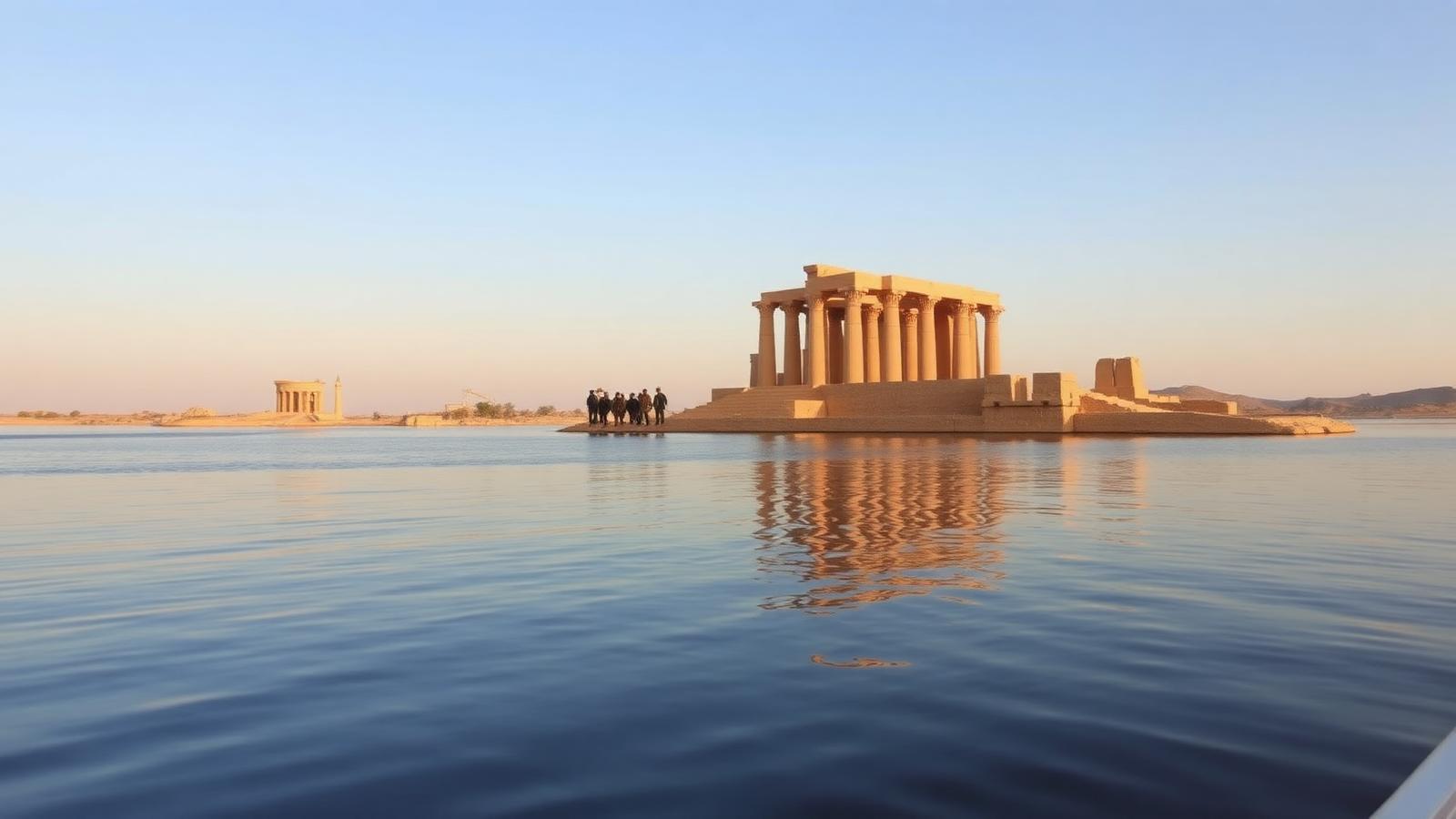 Philae Temple on Agilkia Island in Aswan reflected in the calm waters of the Nile at golden hour