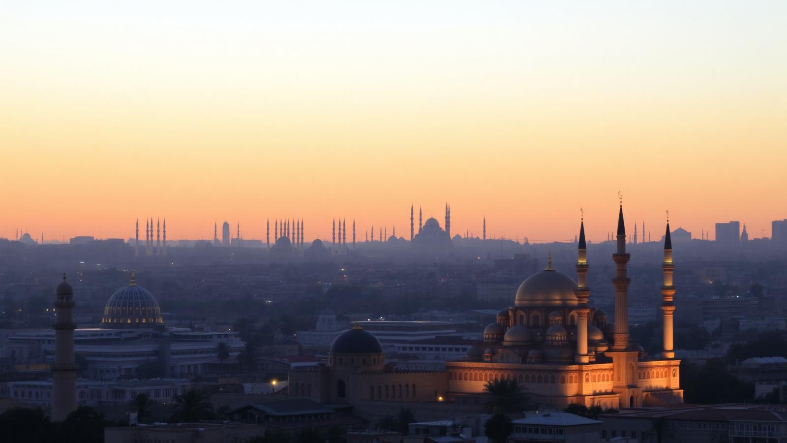 Cairo Citadel of Saladin and Mosque of Muhammad Ali at sunset with minarets across the city