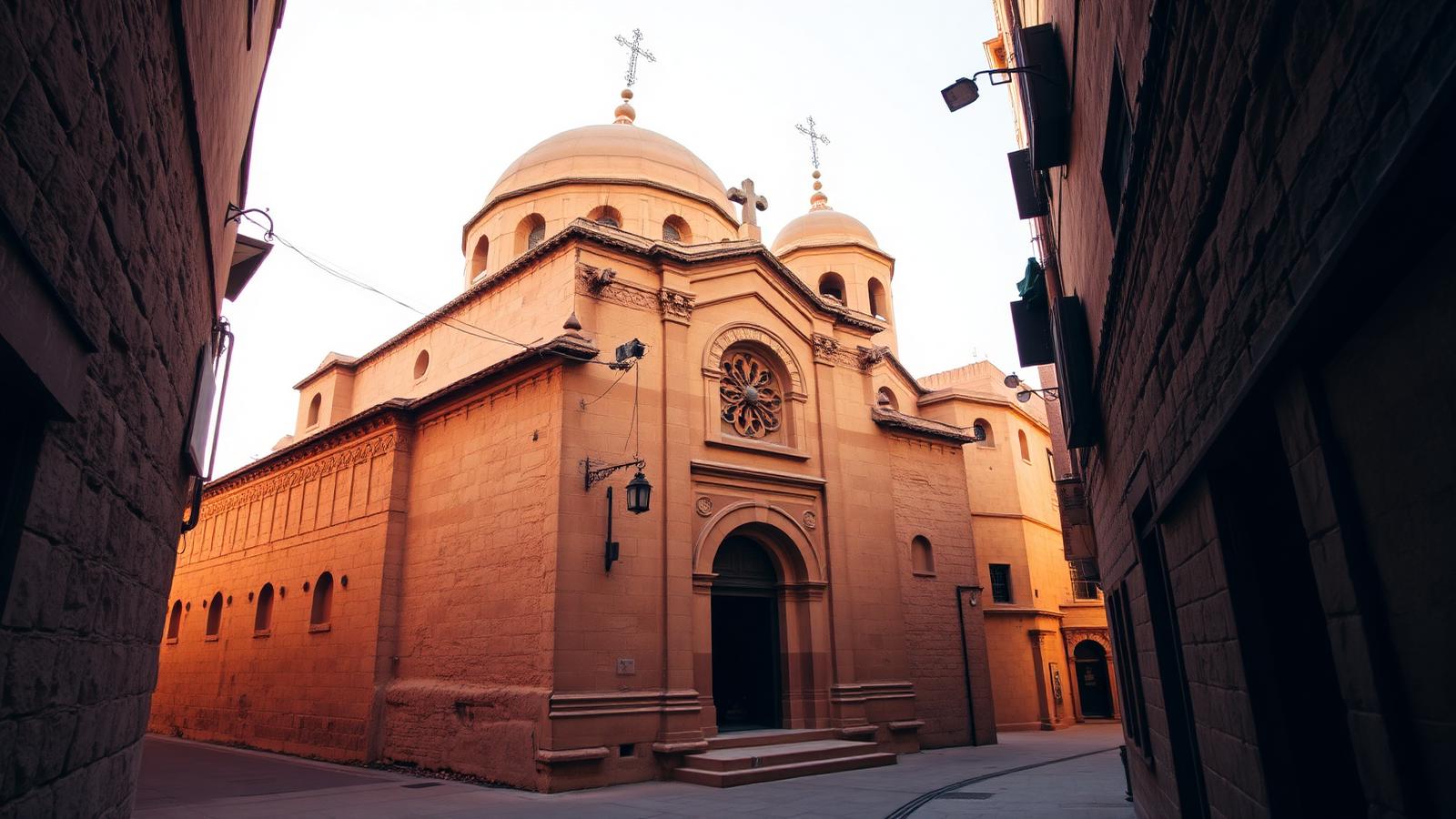 Ancient Coptic church in old Coptic Cairo with sandstone walls and historic Christian architecture