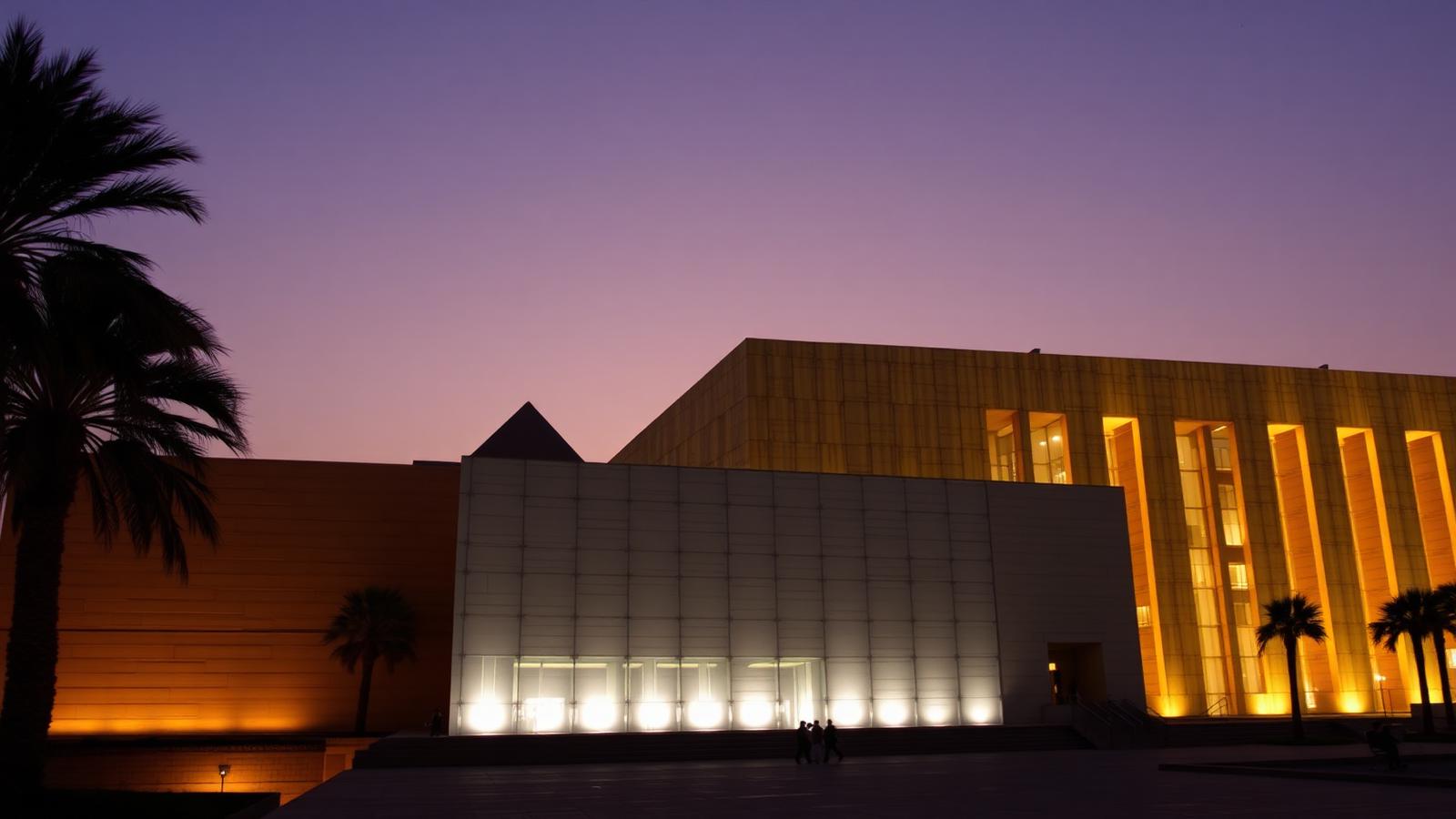 Grand Egyptian Museum exterior at dusk with monumental architecture and warm lighting