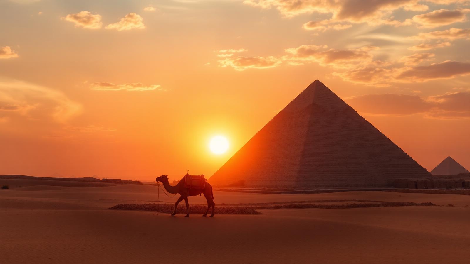 Great Pyramid of Khufu in Giza at sunset with a lone camel silhouette and dramatic sky