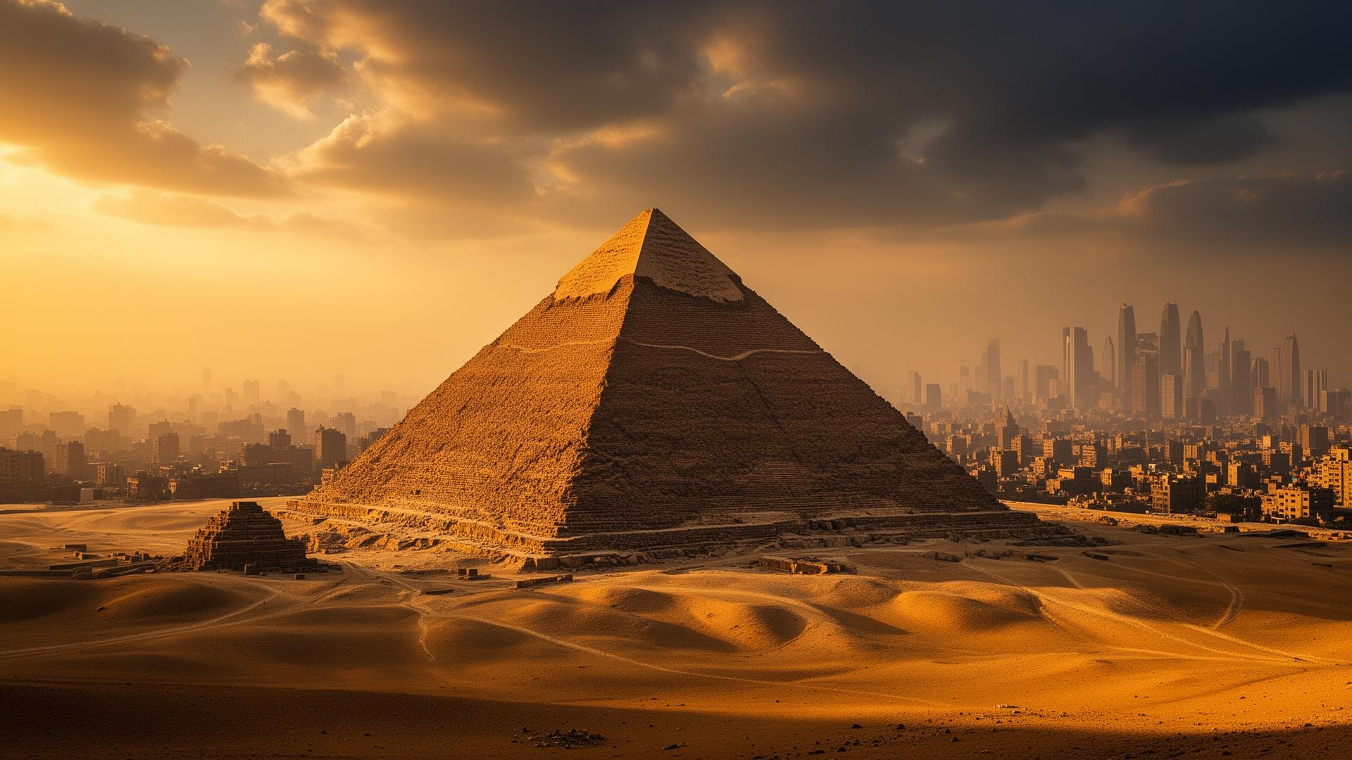 Pyramids of Giza at golden hour with the modern Cairo skyline in the hazy distance