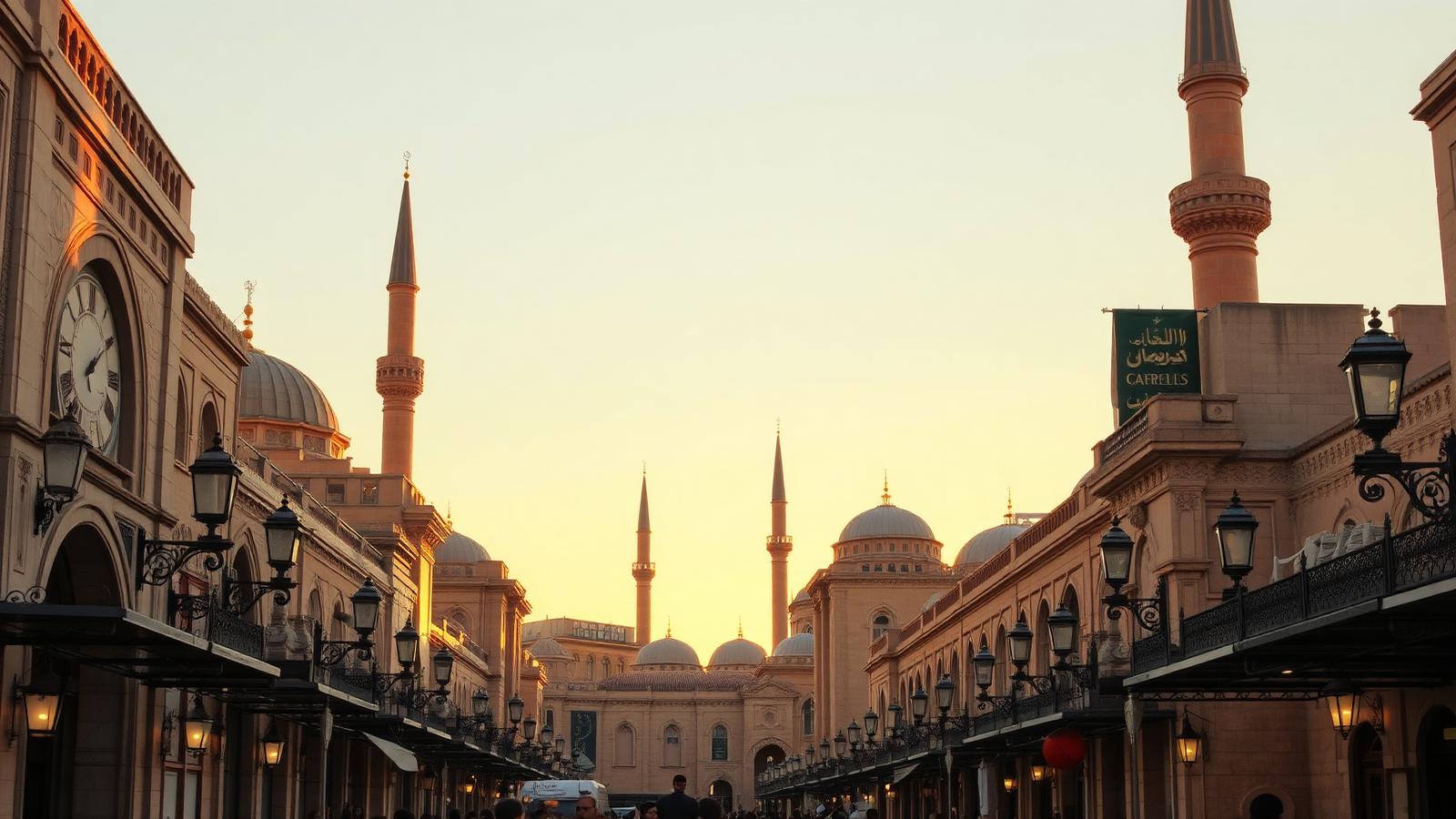 Historic Al Muizz Street in Islamic Cairo at golden hour with medieval mosques, minarets and lanterns
