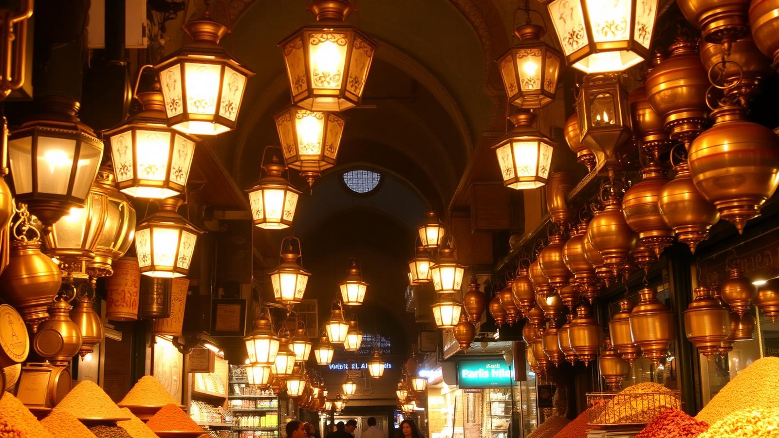 Khan El Khalili bazaar in Cairo at evening with glowing brass lanterns and spice stalls