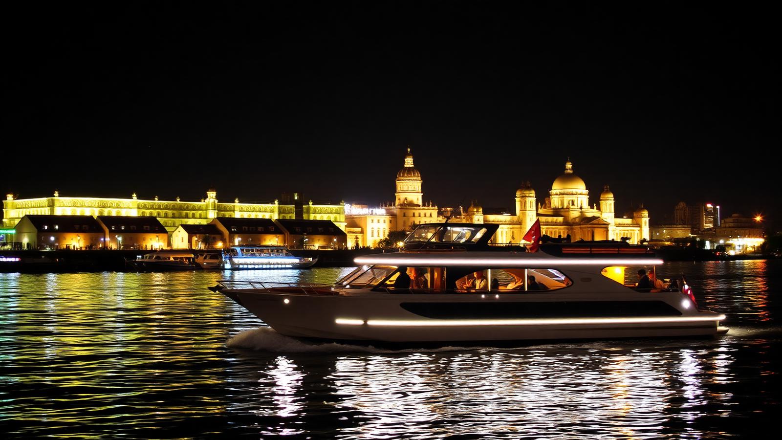 Luxury Nile dinner cruise boat at night in Cairo with illuminated city skyline reflected on the river