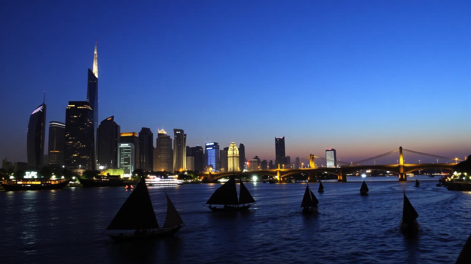 Modern Cairo skyline at dusk with the Nile river, feluccas sailing and bridges illuminated