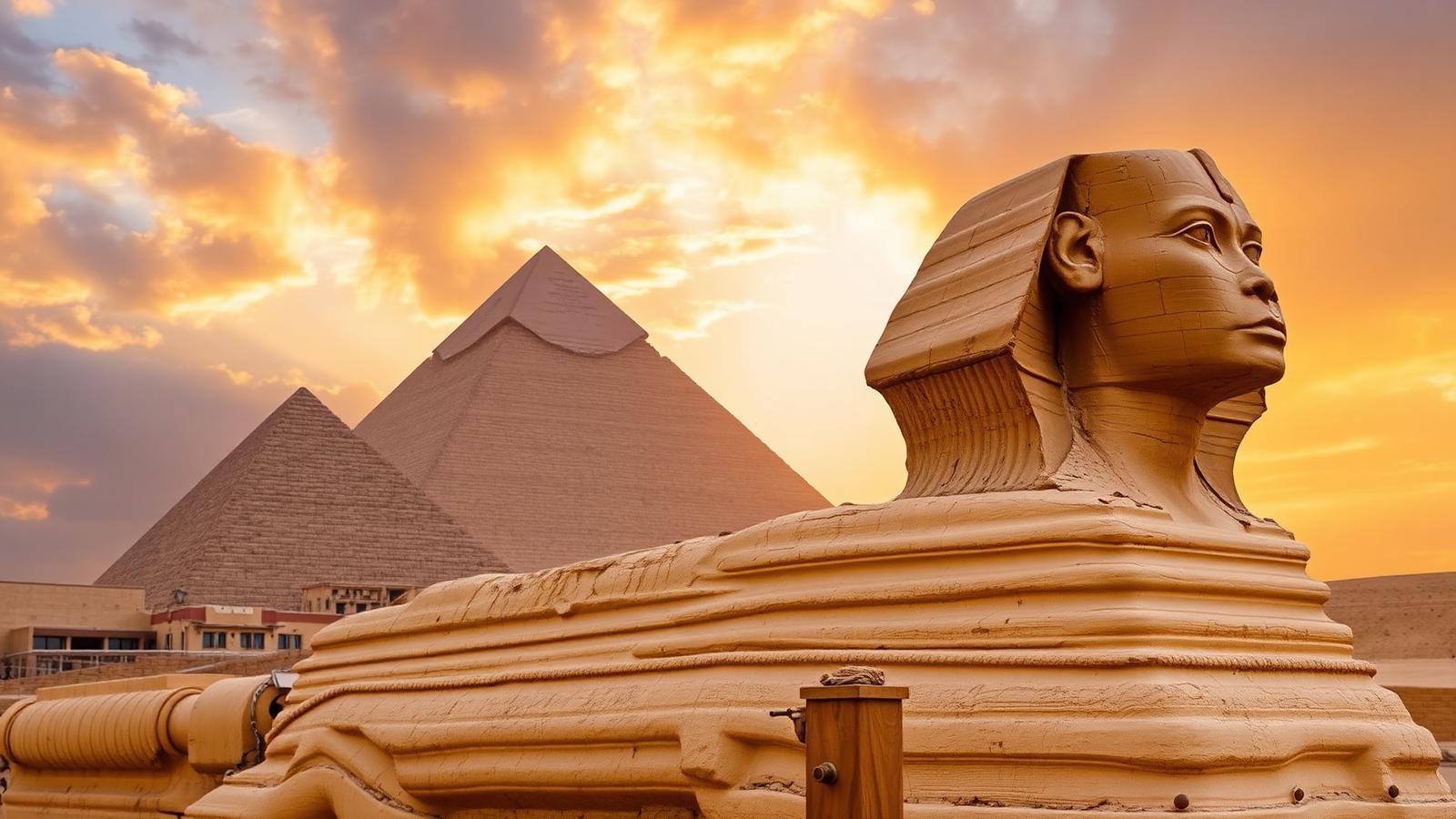 The Great Sphinx of Giza in front of the pyramids at golden hour
