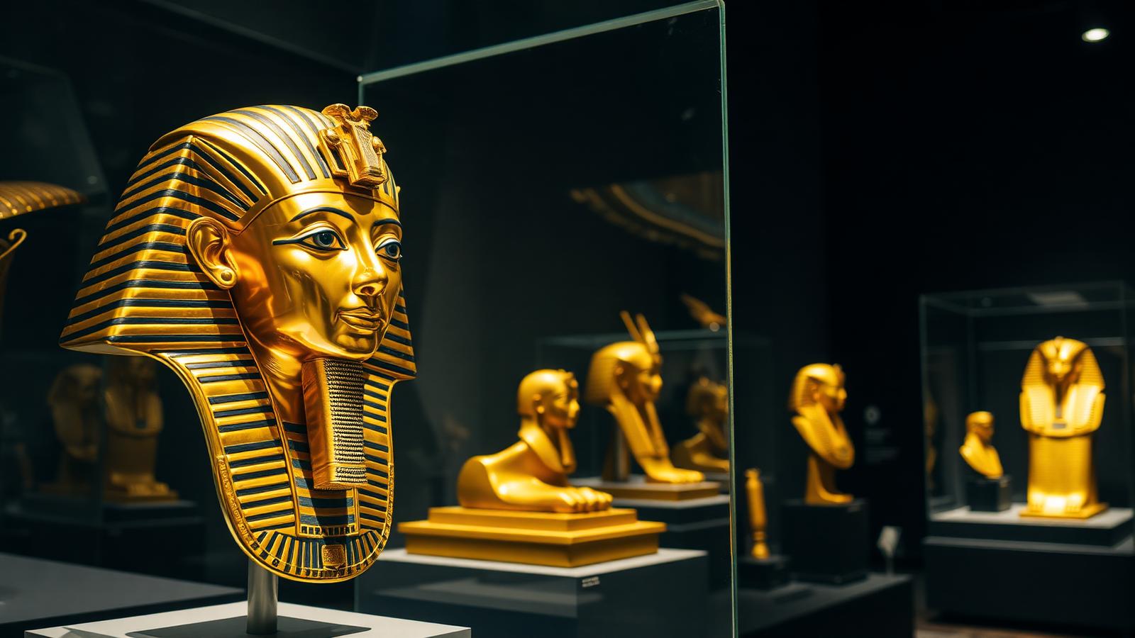 Tutankhamun golden funerary mask and ancient Egyptian royal artefacts in a museum gallery