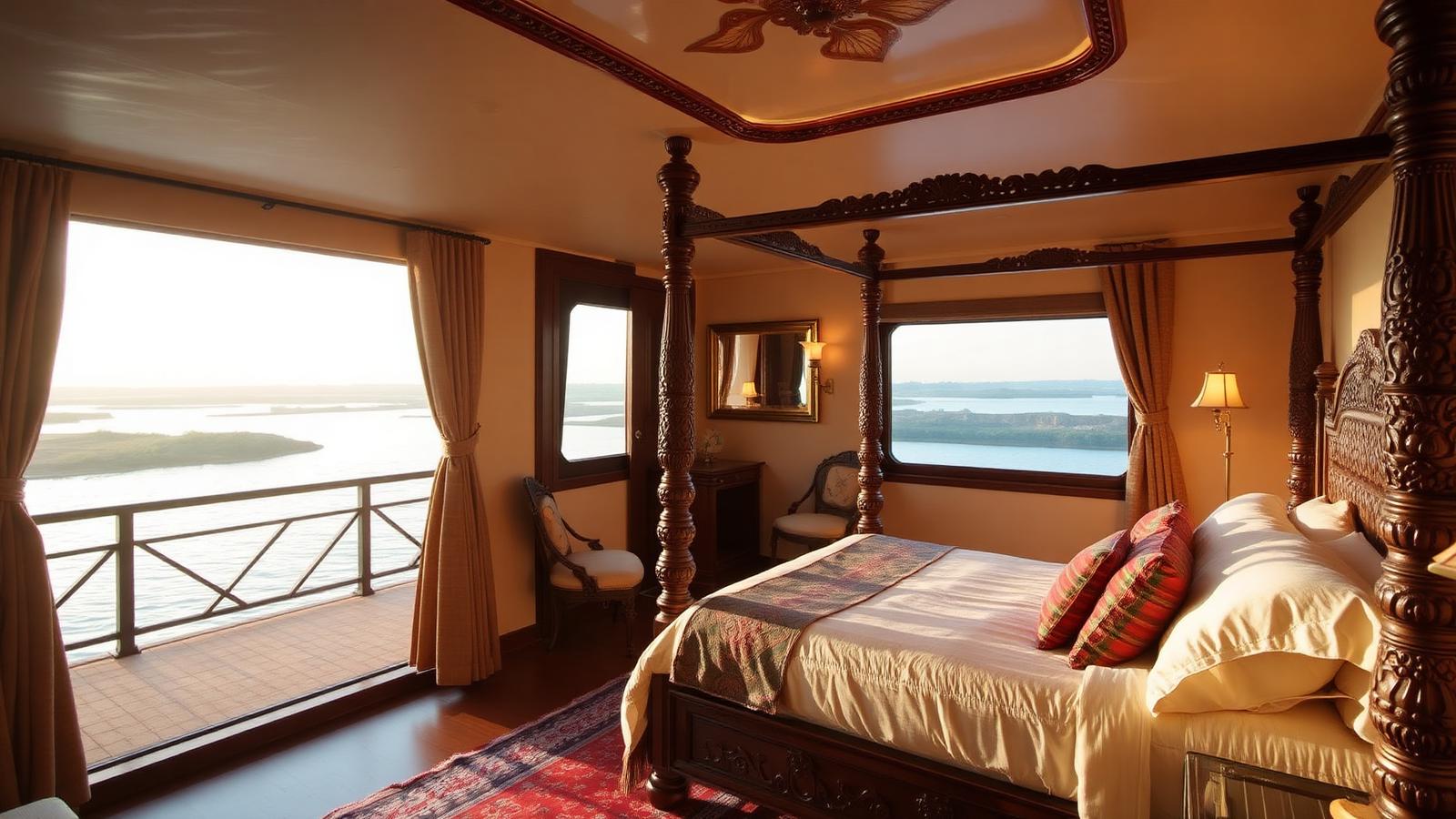 Boutique Dahabeya cabin interior with carved wooden bed, Egyptian textiles and large window over the Nile