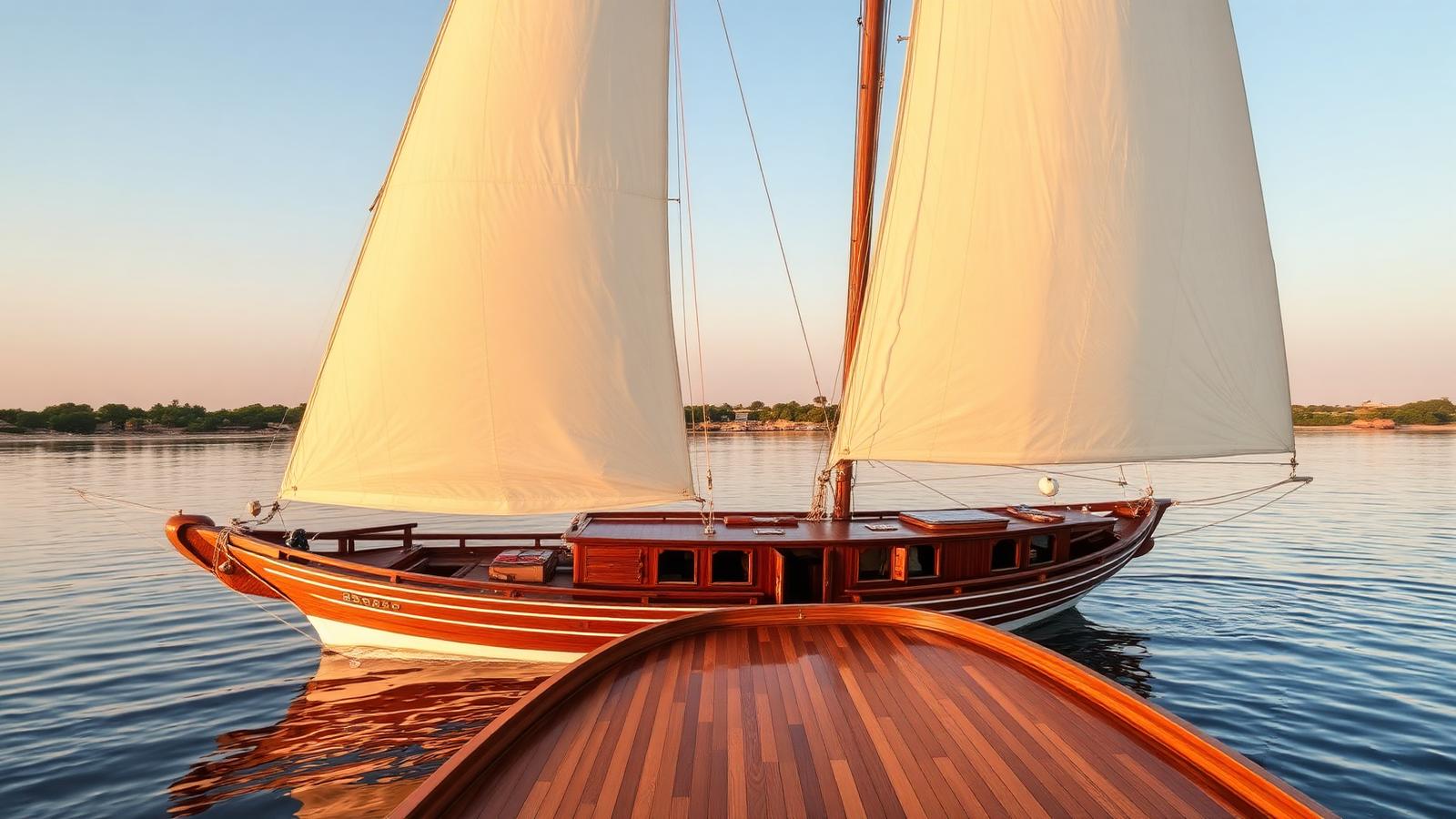 Traditional Egyptian Dahabeya sailing boat with tall white sails on the Nile at golden hour