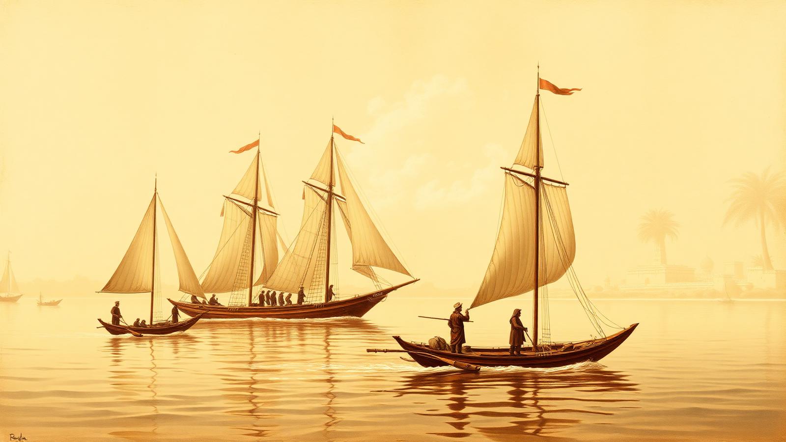 Vintage sepia illustration of historic Egyptian sailing boats on the Nile river