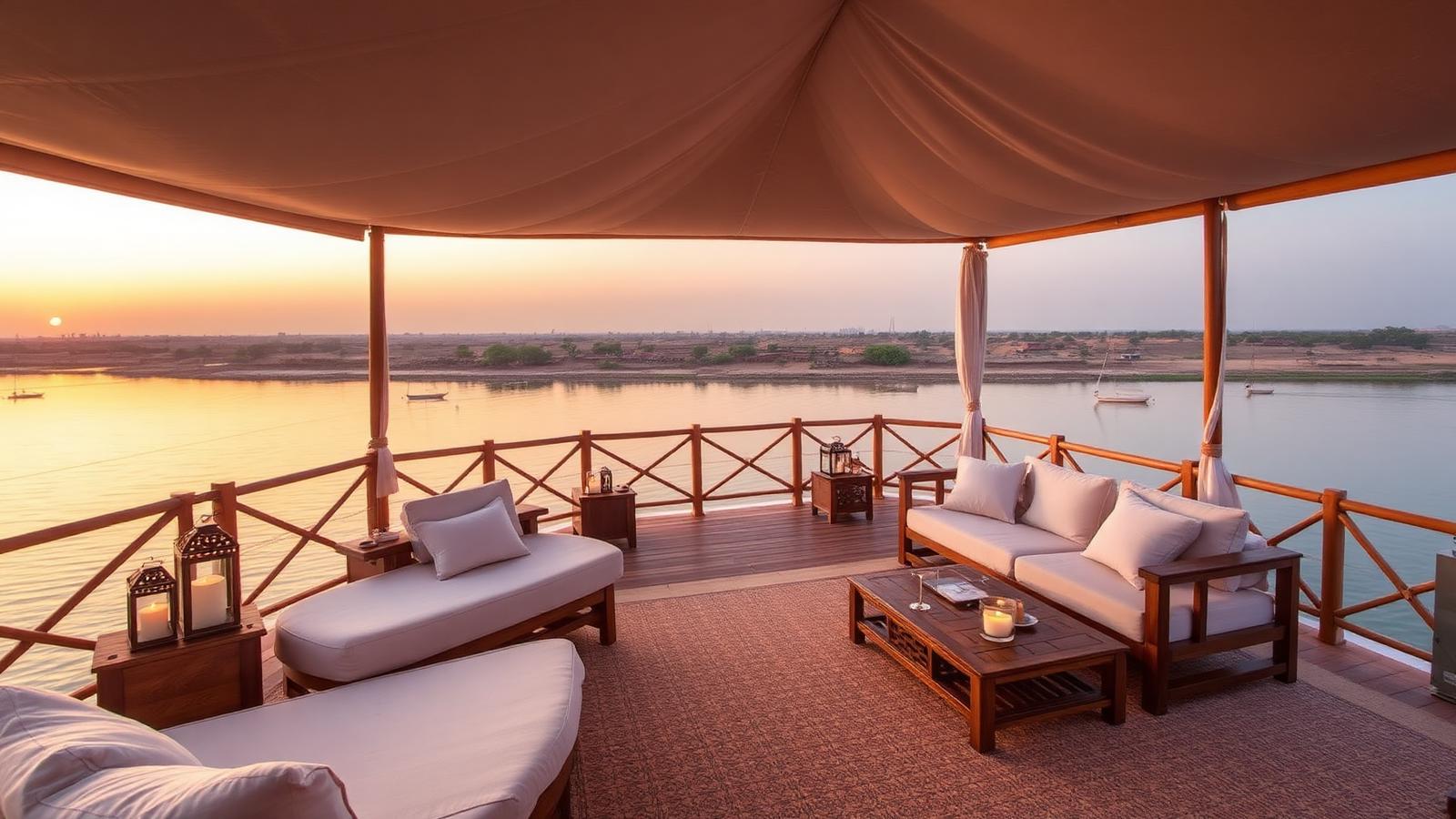 Luxury Dahabeya upper deck with white linen sofas, lanterns and panoramic Nile sunset views
