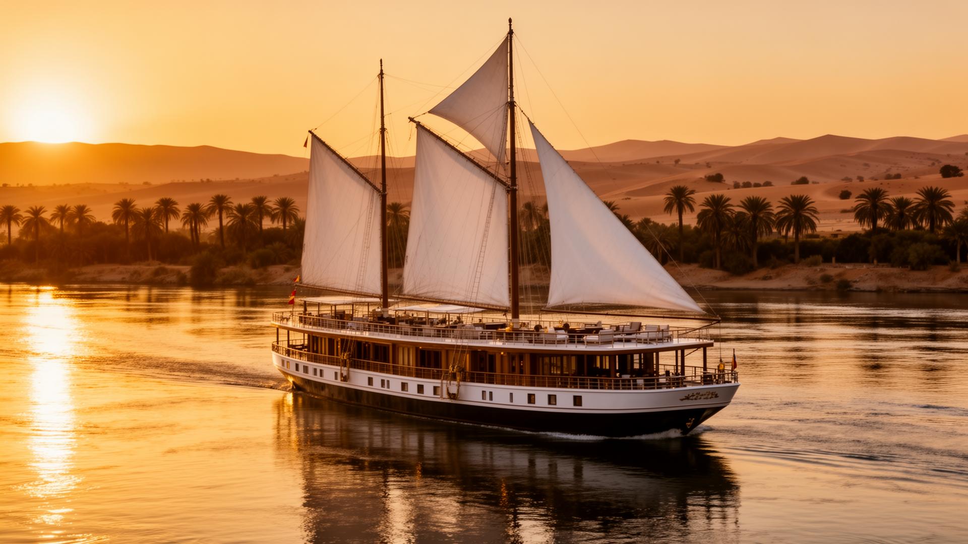 Luxury Dahabeya sailing on the Nile river at golden sunset with palm trees and desert hills in the background