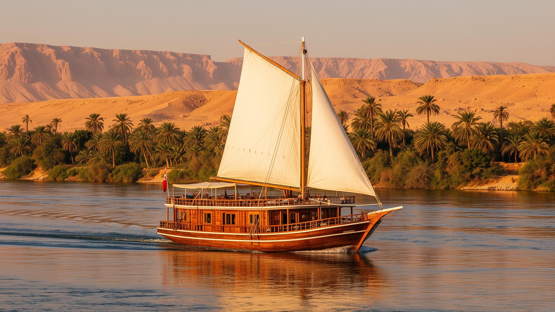 Luxury wooden dahabiya sailboat with white sails on the Nile near Luxor, palm trees and desert mountains in the distance