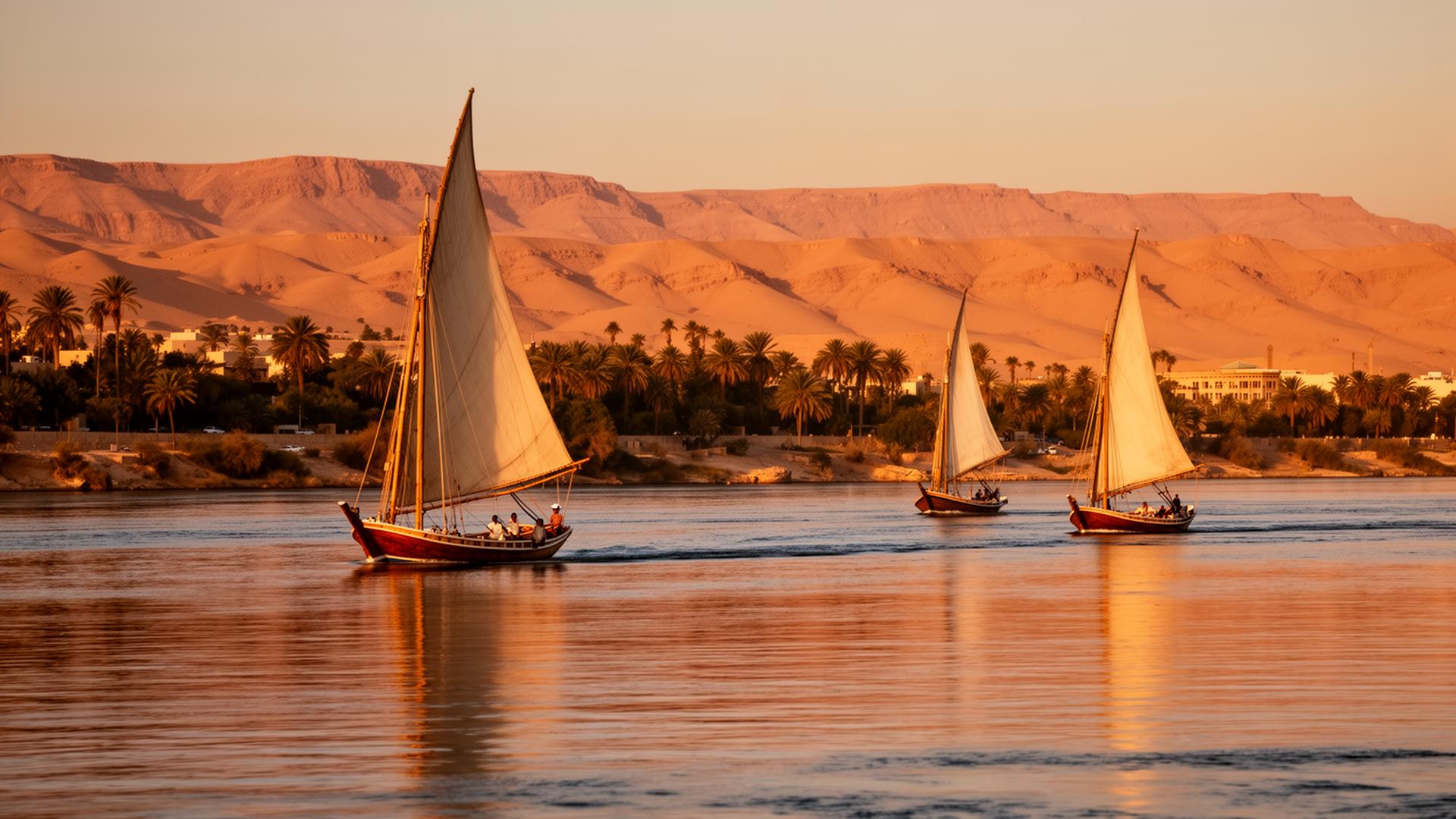 Sunset over the Nile in Luxor with traditional feluccas sailing past the West Bank desert mountains