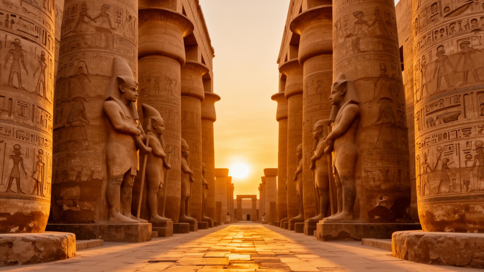 Luxor Temple Egypt at golden hour with ancient Egyptian columns and pharaoh statues