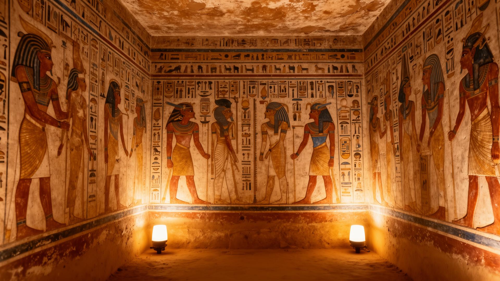Vivid hieroglyphic wall paintings inside an ancient Egyptian tomb in the Valley of the Kings, Luxor