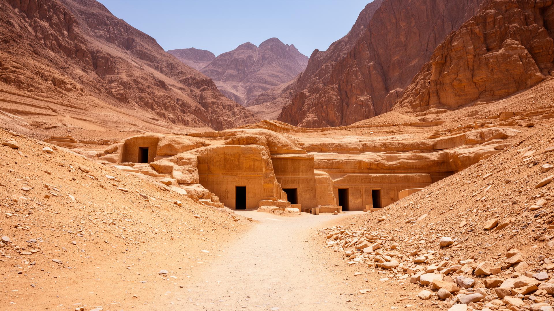 Valley of the Kings in Luxor Egypt with desert mountains and ancient tomb entrances carved into rock