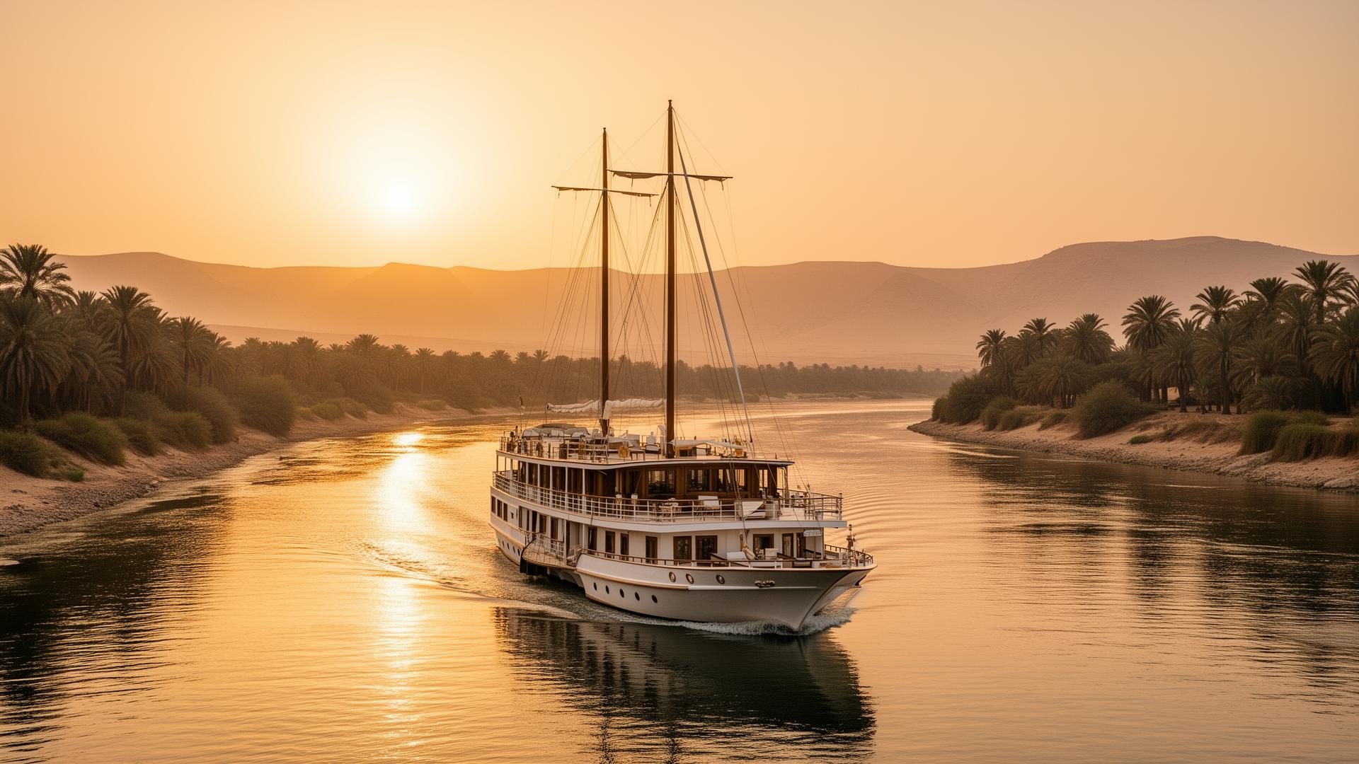 Luxury Nile cruise sailing at golden sunset between Luxor and Aswan