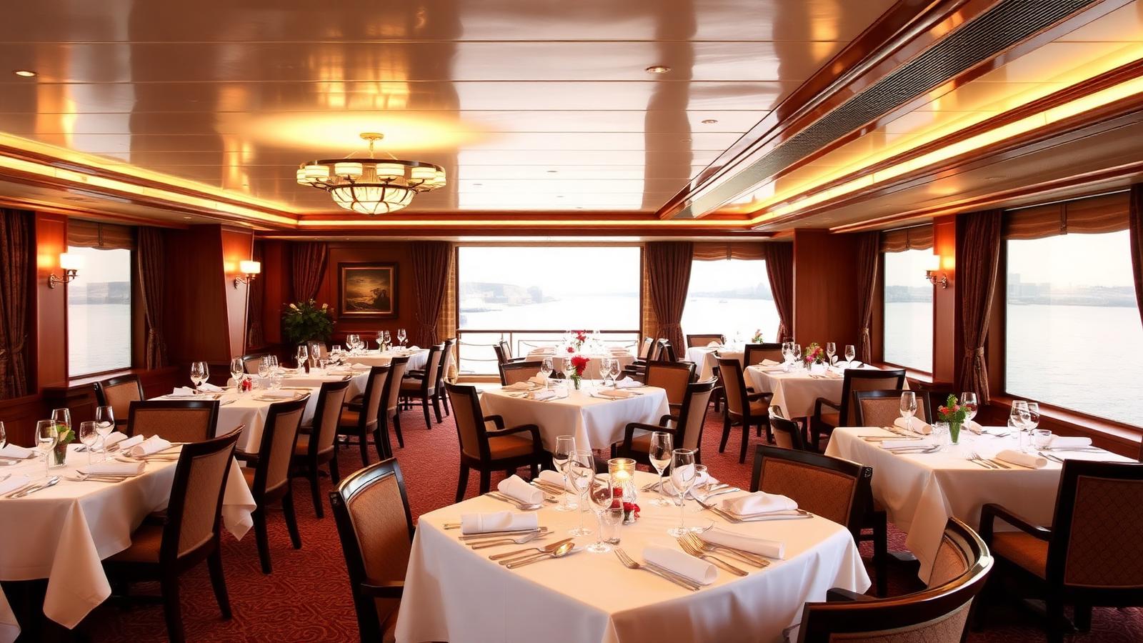 Elegant Nile cruise ship dining room with white linen tables, chandeliers and panoramic river views