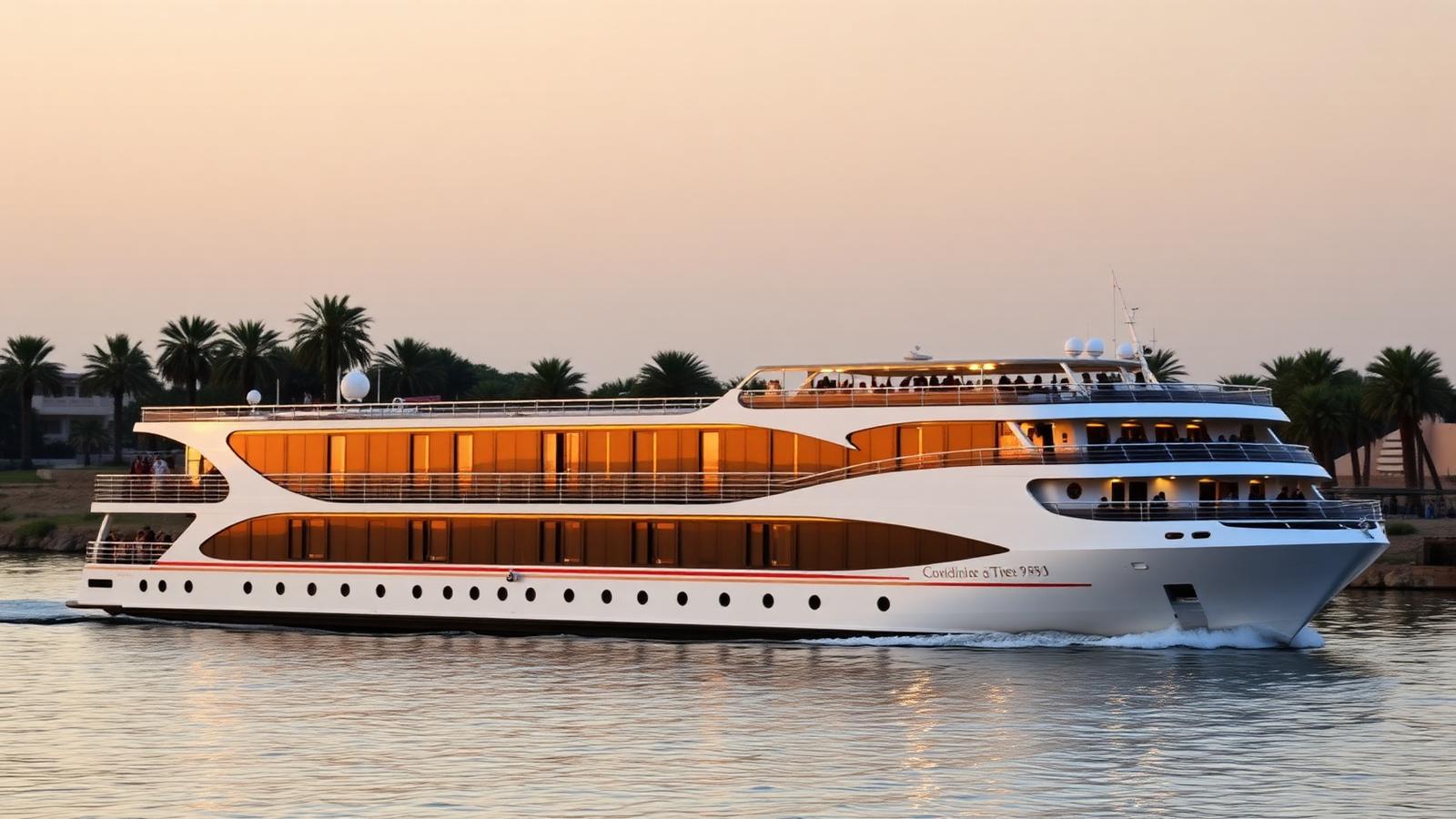 Large modern Nile cruise ship sailing on the river at sunset with multiple decks and panoramic windows
