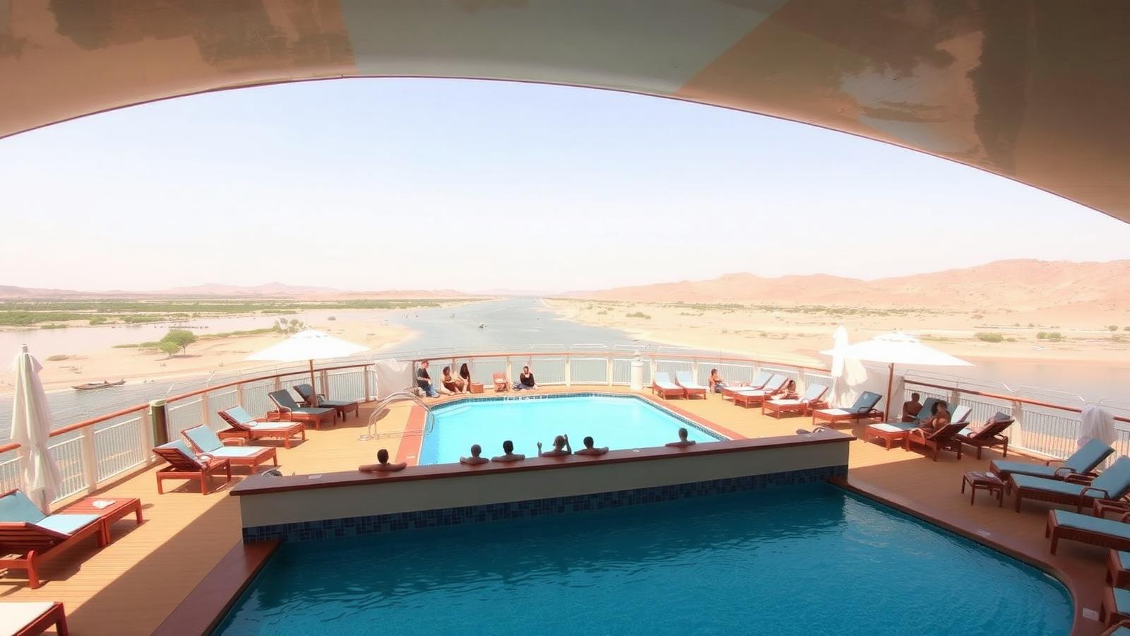 Large Nile cruise ship sun deck with swimming pool, lounge chairs and panoramic Nile and desert views