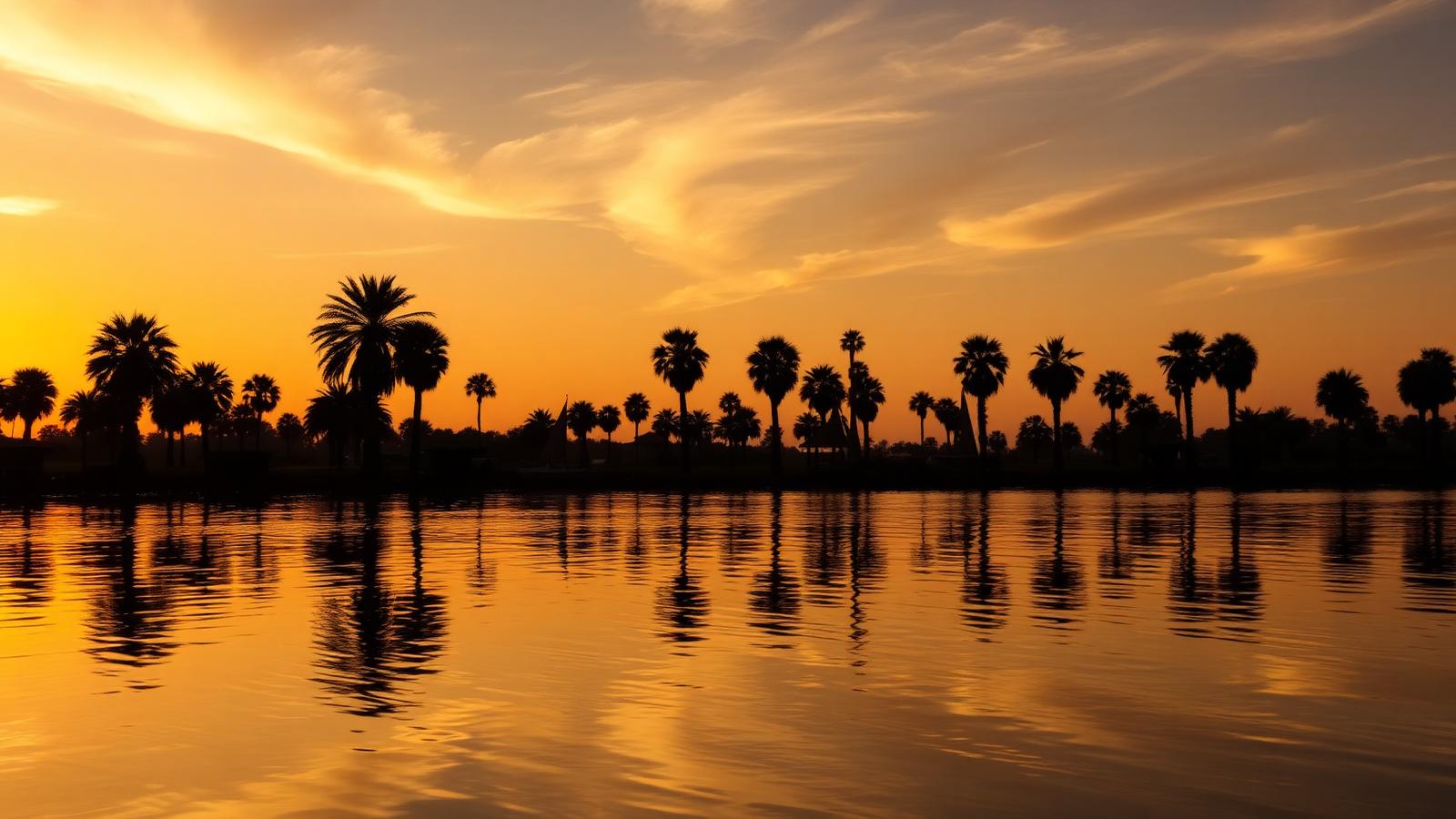 Golden hour silhouettes of palm trees reflected on the Nile