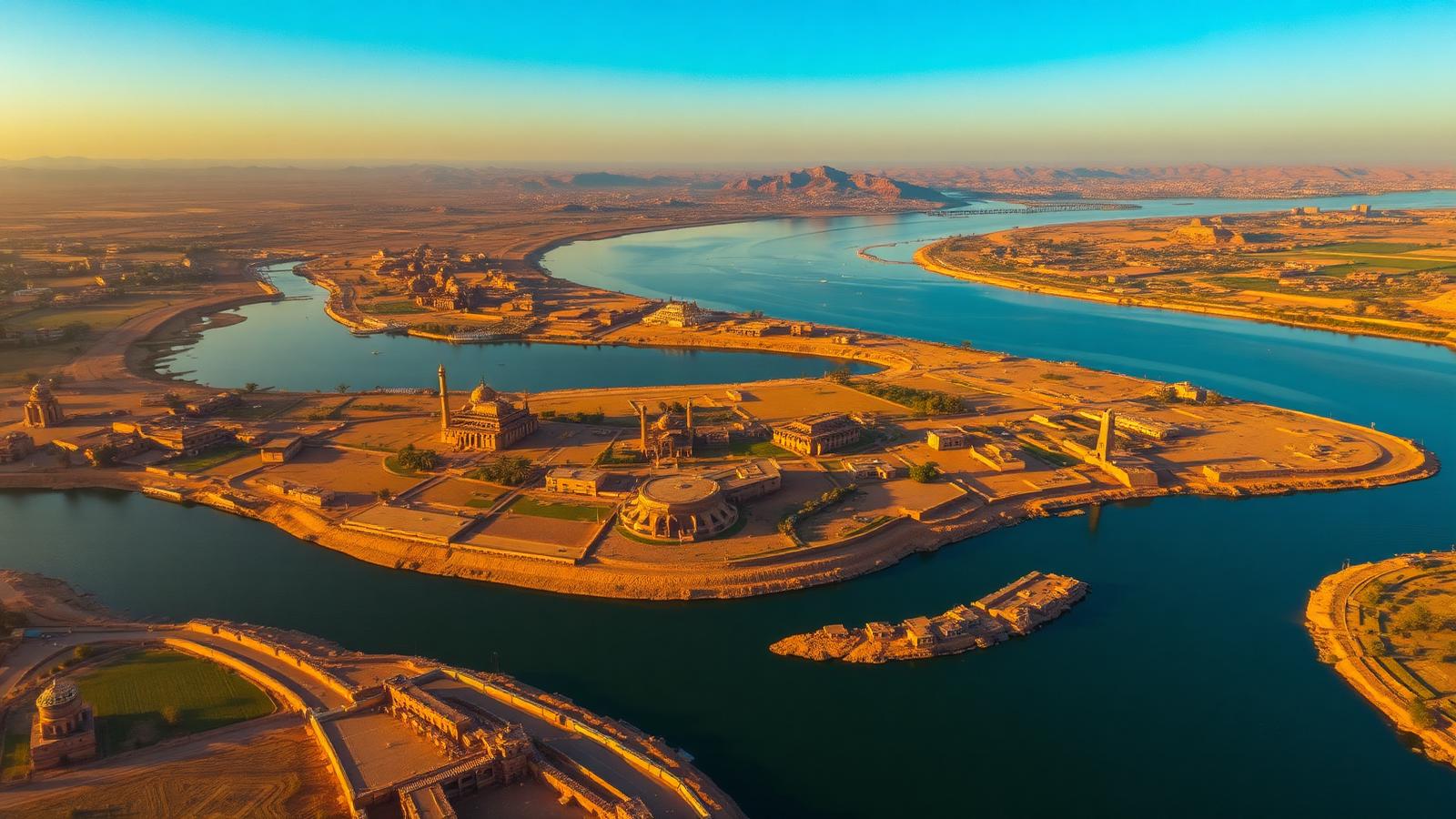 Aerial cinematic view of the Nile river between Luxor and Aswan with temples, villages and desert landscapes