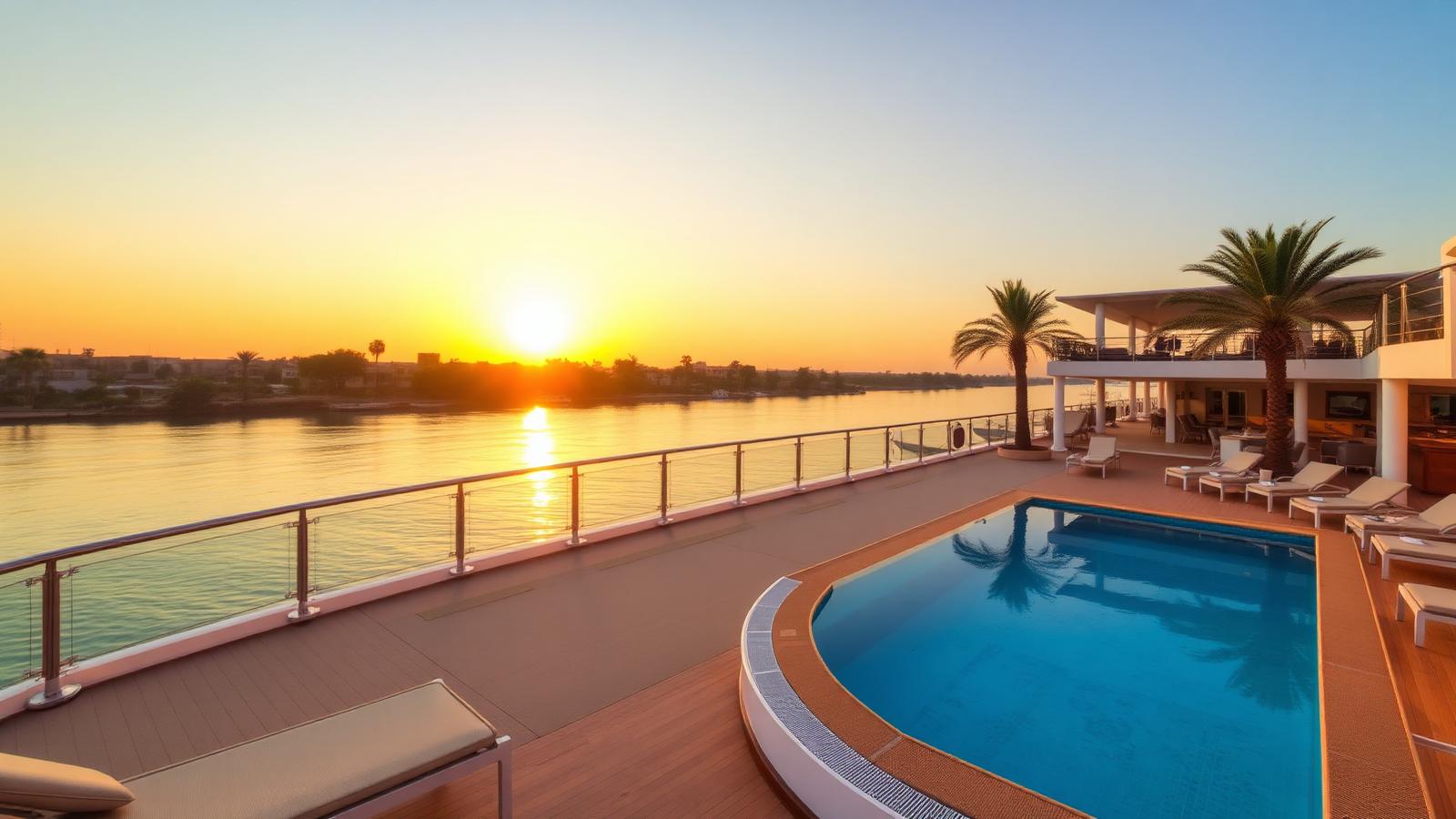 Luxury Nile cruise ship deck with pool overlooking the river at sunset