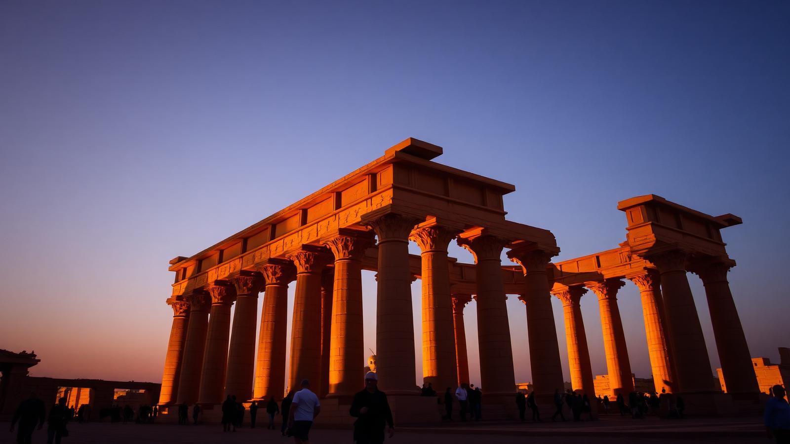 Luxor temple columns glowing in October golden hour light