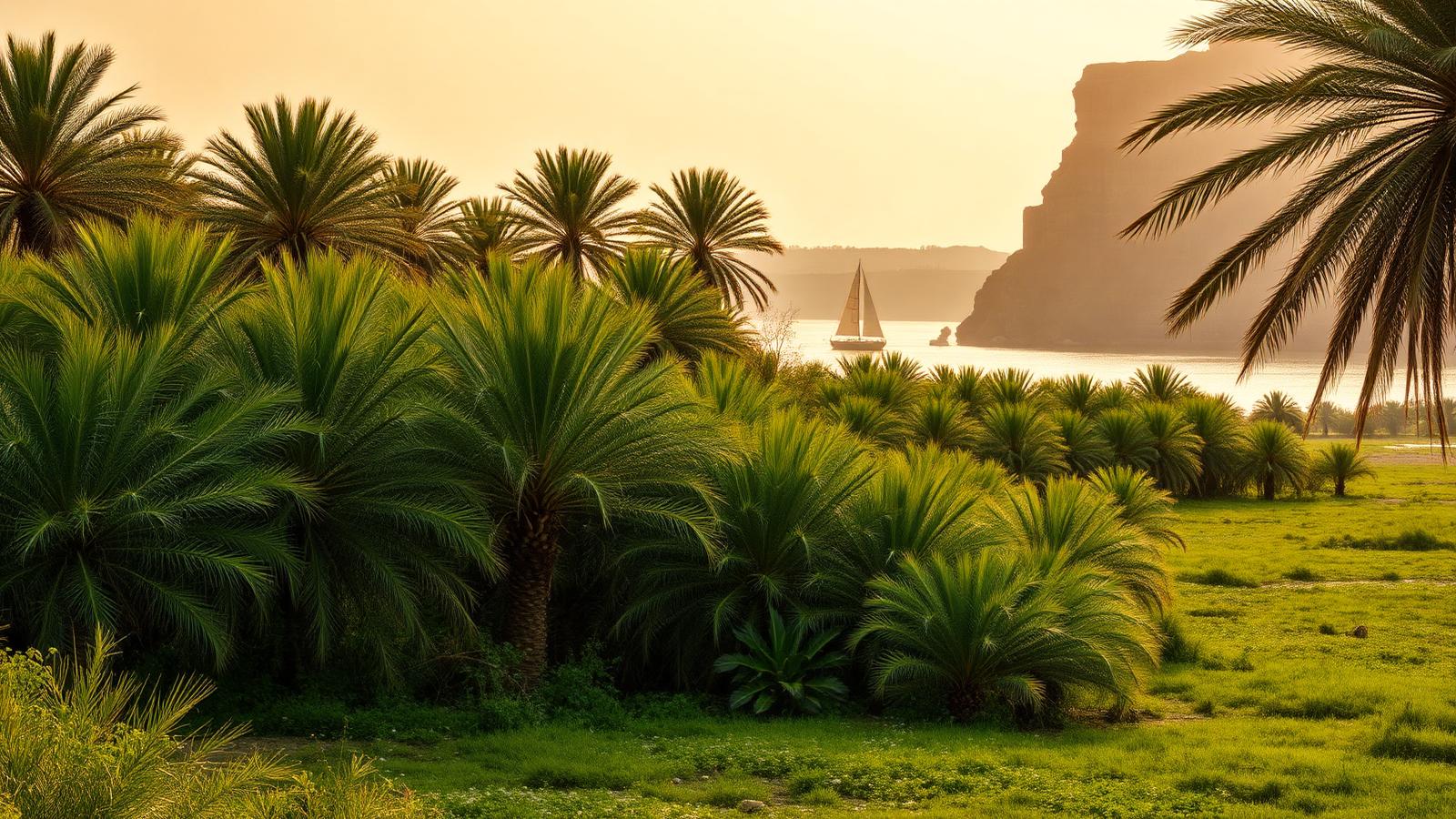 Spring greenery along the Nile river with a sailing boat in the distance