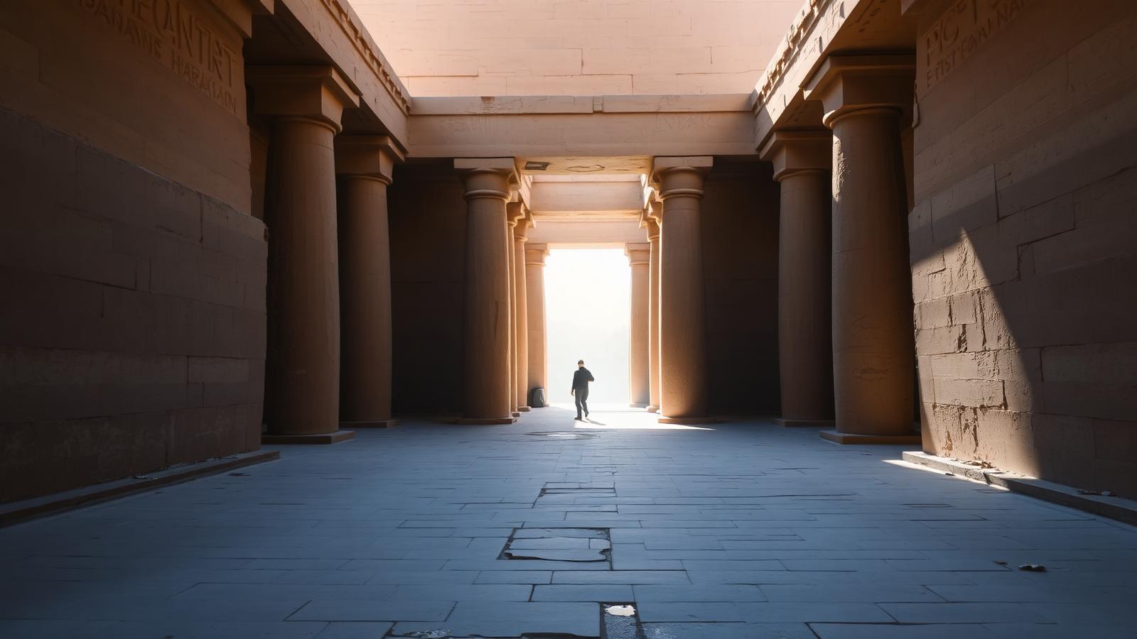 Quiet Egyptian temple courtyard in summer light with a single visitor