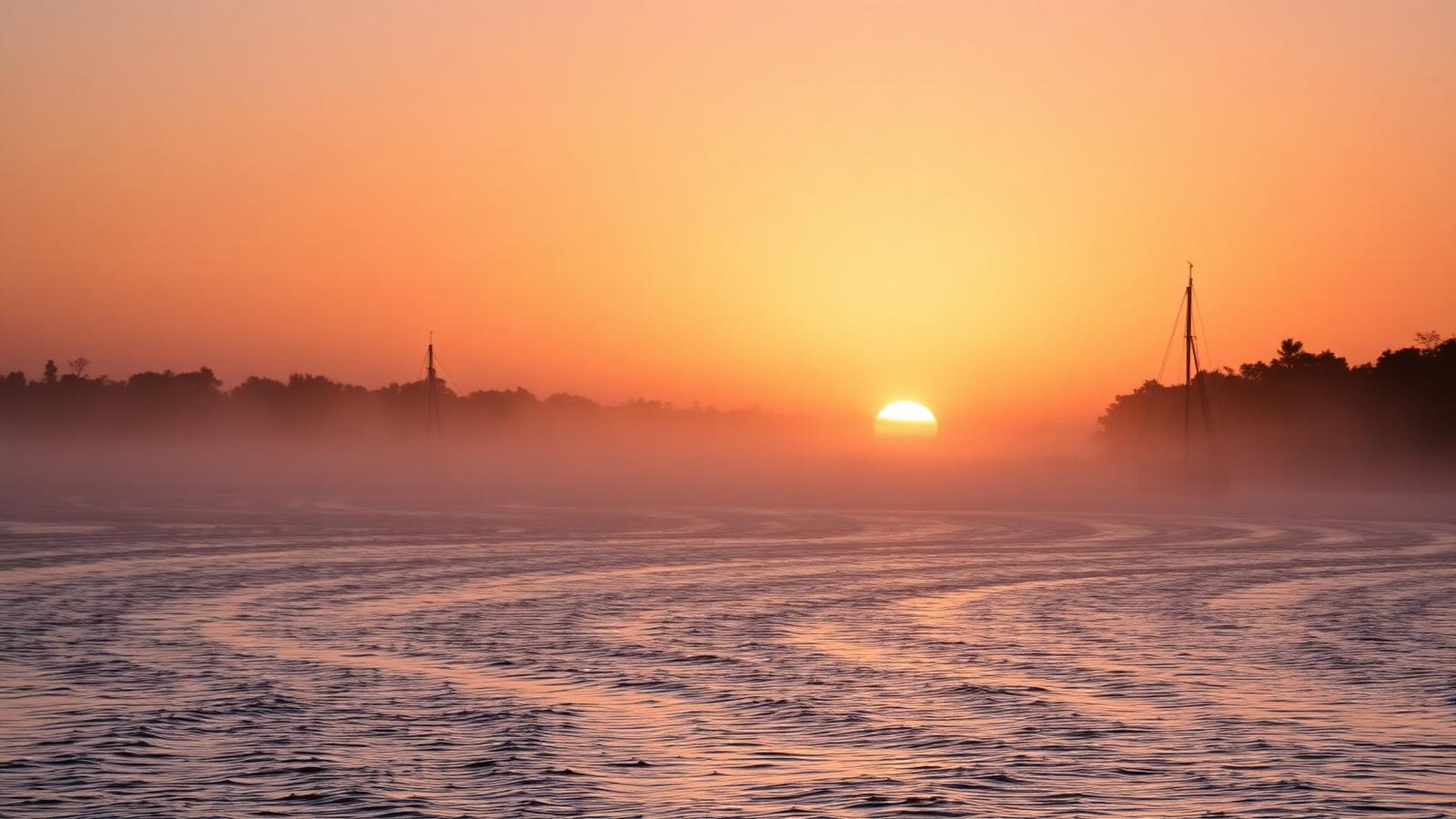 Peaceful Nile landscape at sunrise with soft mist over the water